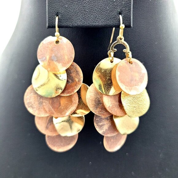 Metal & Mother of Pearl Disc Chandelier Earrings Goldtone Metal Hook Back 2" - Picture 1 of 5